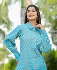 Thumbnail for Kaajh Women's Sky Blue Printed Cotton Kurta Pant Set - Distacart