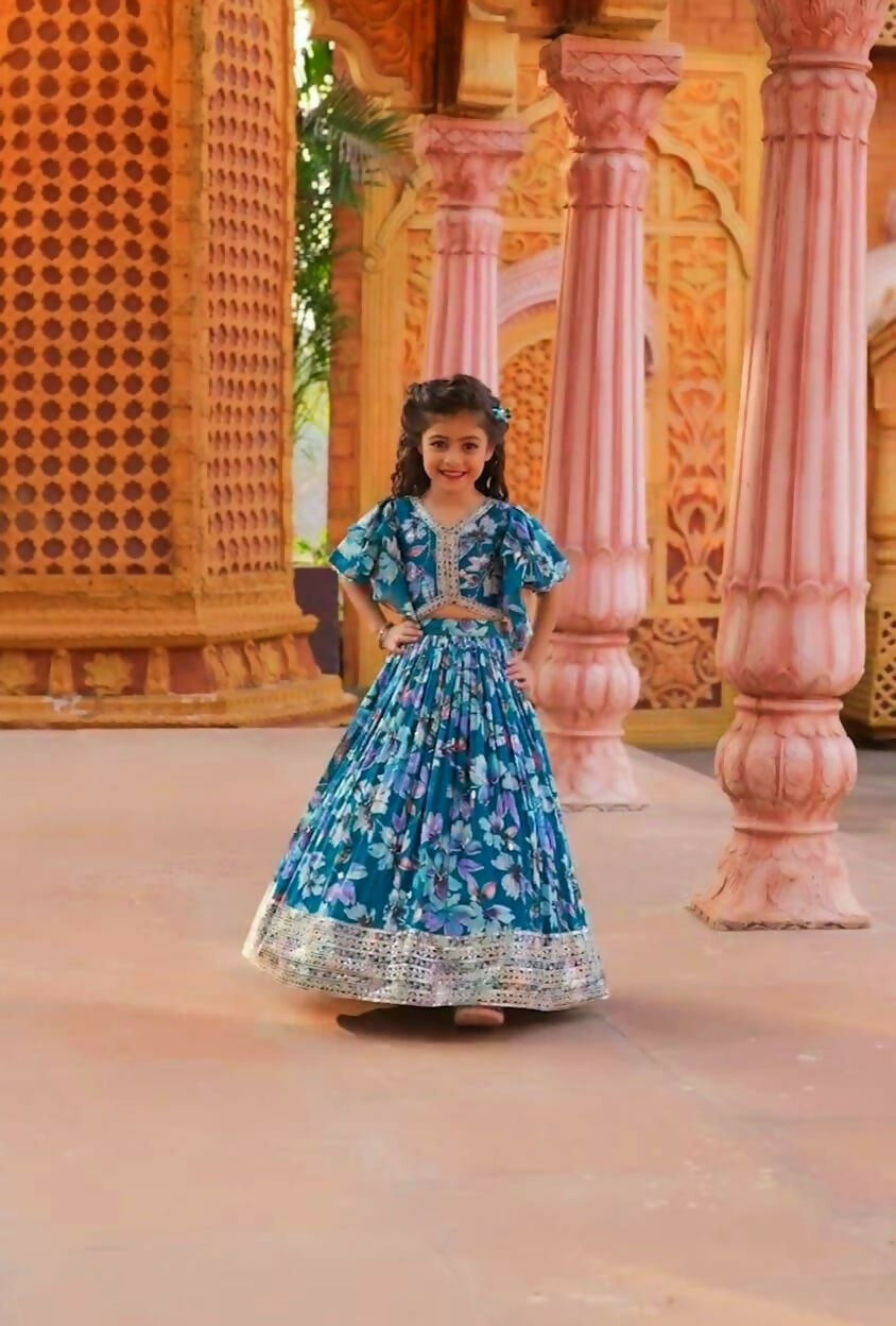 Jyoti Fashion Beautiful Blue Faux Georgette Digital Printed with Sequins Embroidered Kids Lehenga Choli Set - Distacart