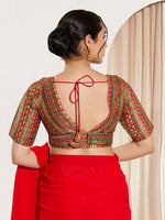 Thumbnail for Joban Fashion Red Multi Brocade Padded Blouse With V Neck Elbow Sleeves