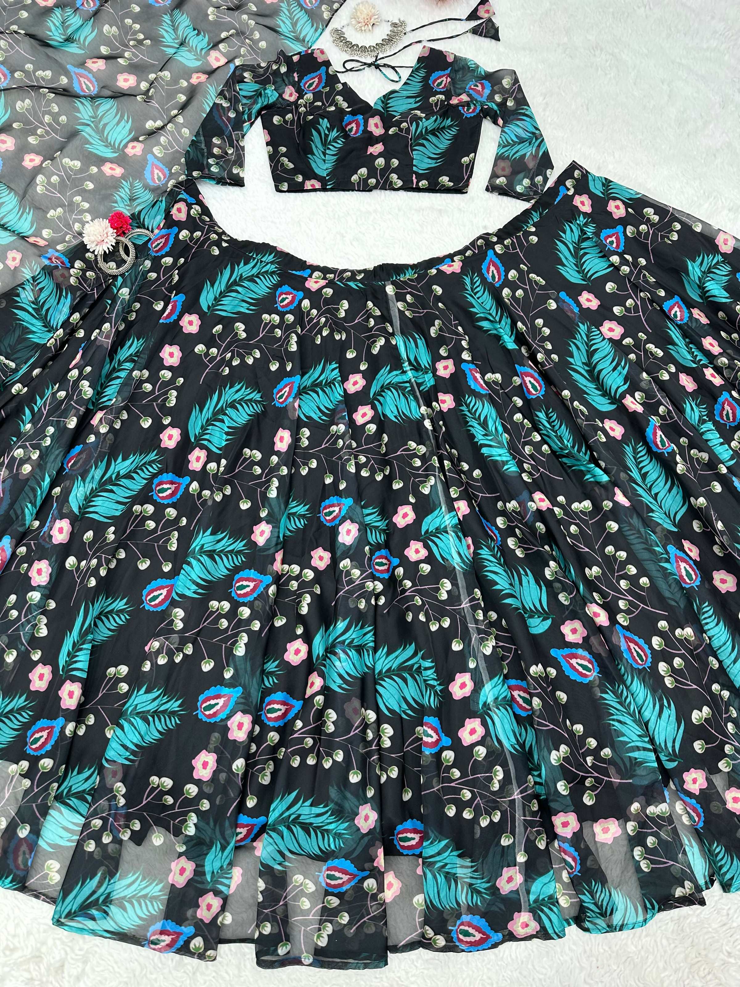 Preksha Creation Blue Tabby Silk Organza With Digital Print Women Lehenga Choli - Distacart