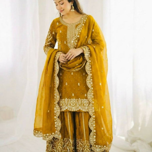 Teeya Creation Yellow Color Fendy Silk Embroidery Work Wedding Wear Salwar Suit - Distacart