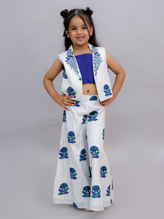 Lil Drama Shor-Gul White Jacket and Pant With Blue Bustier Set For Girls
