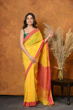 Thumbnail for Very Much Indian Handloom Pure Cotton Saree With Sleek Border - Yellow - Distacart