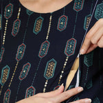 Thumbnail for Anubhutee Women's Rayon Knee-Length Ethnic Motifs Maternity A-Line Navy Blue Midi Dress - Distacart