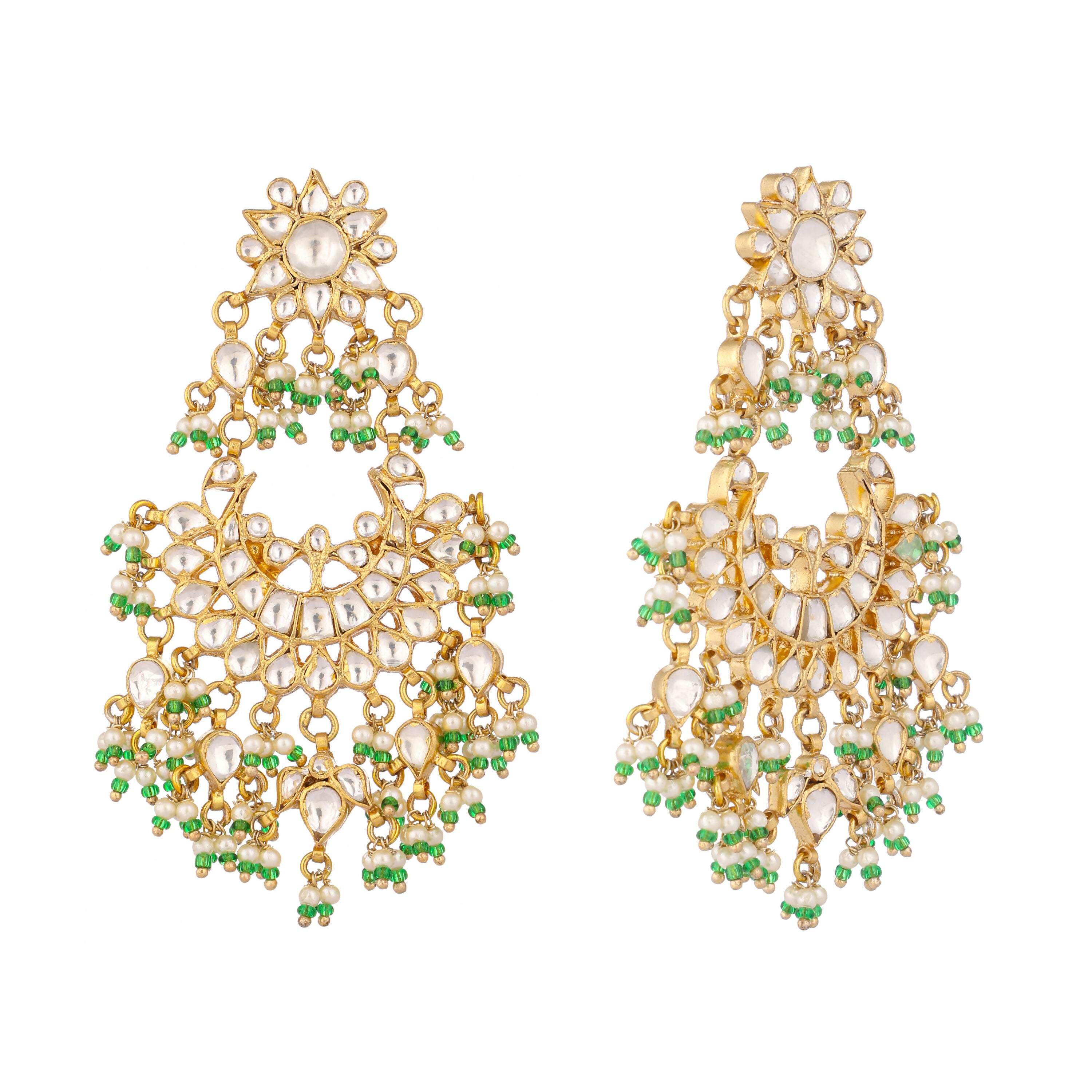 Nuyug 22K Gold-Plated Kundan & Pearl Studded Crescent Shaped Green Beads Chandbalis