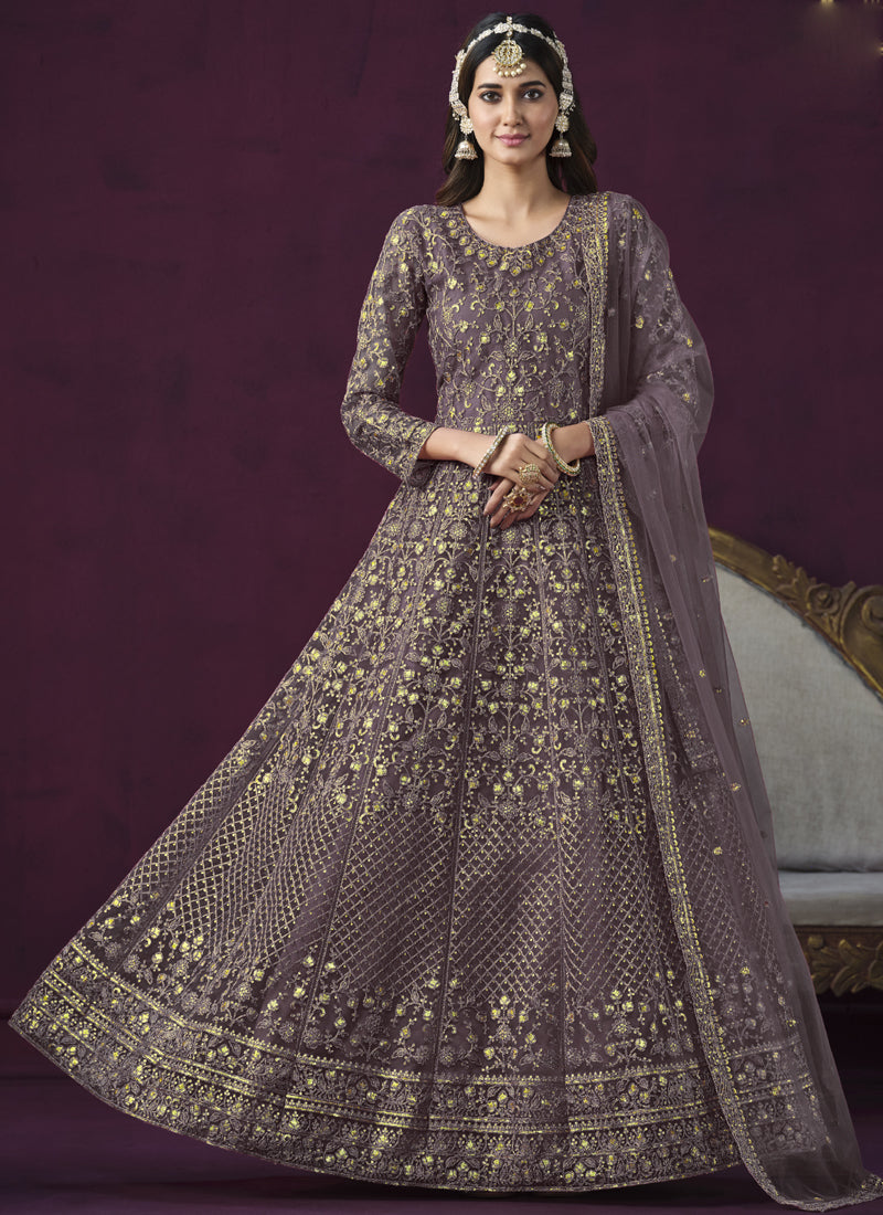 Vegaa Fashion Designer Purple Net Embroidery Anarkali Suit - Distacart