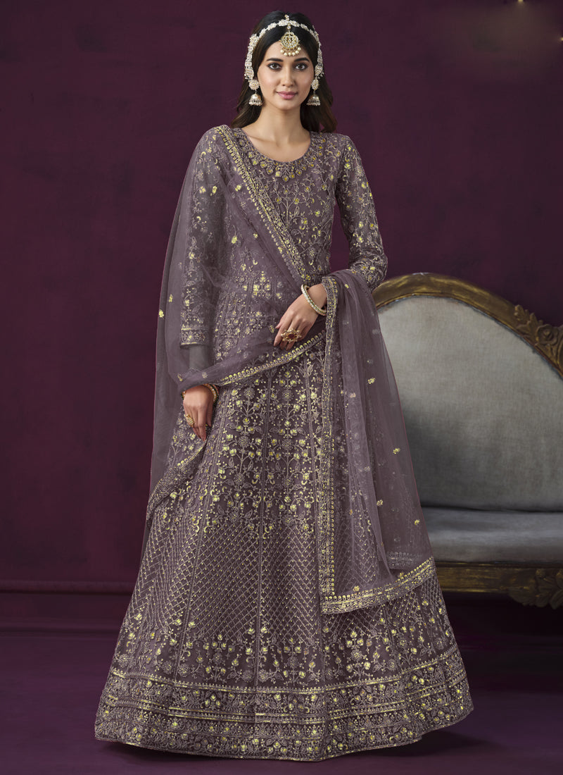 Vegaa Fashion Designer Purple Net Embroidery Anarkali Suit - Distacart