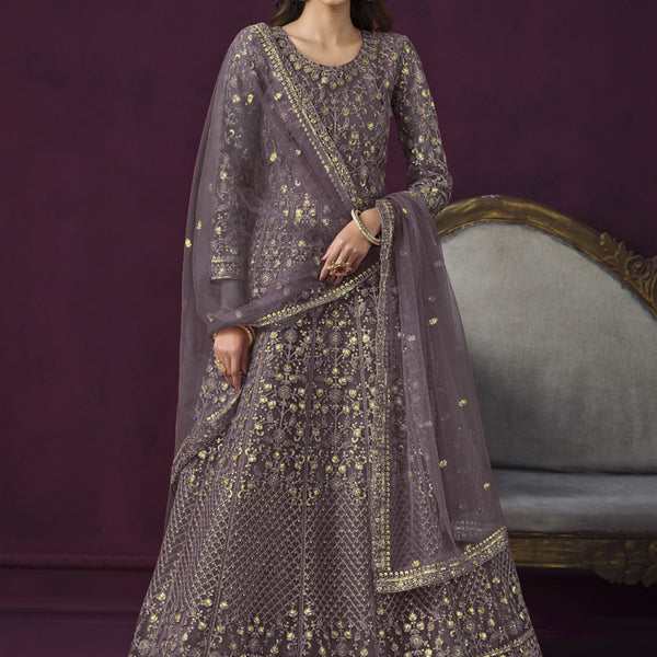 Vegaa Fashion Designer Purple Net Embroidery Anarkali Suit - Distacart