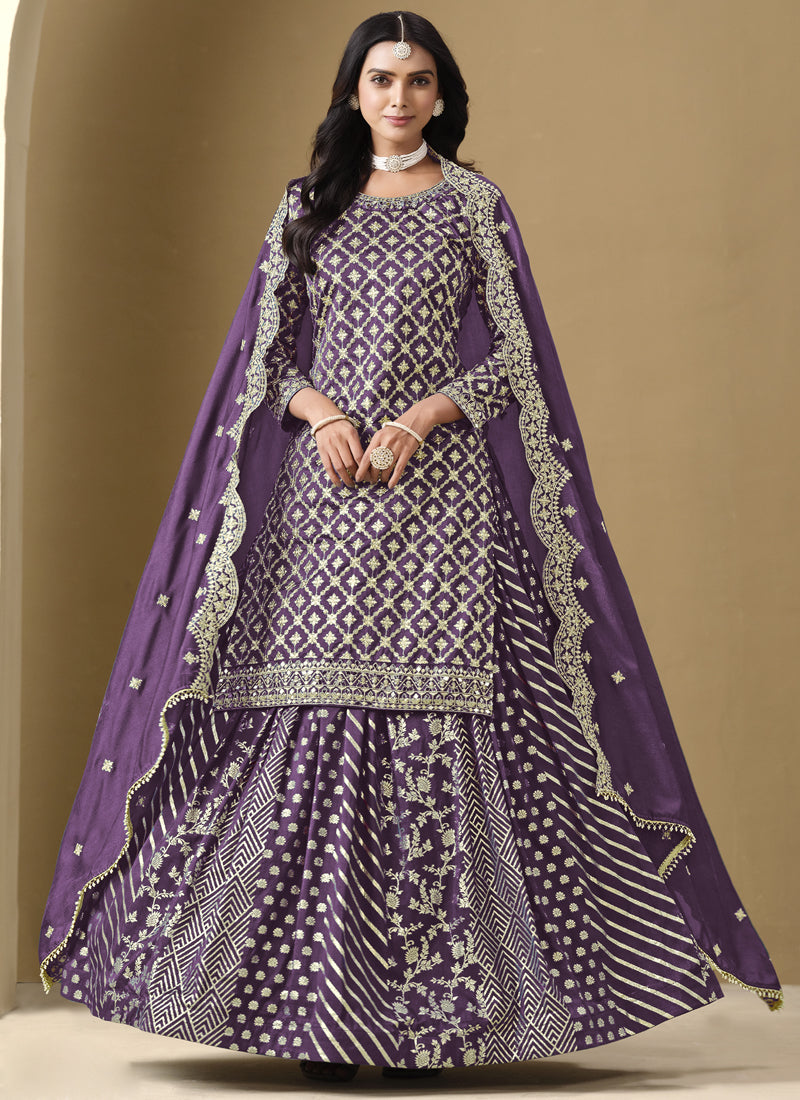 Vegaa Fashion Purple Art Silk Embroidered Lehenga Style Suit