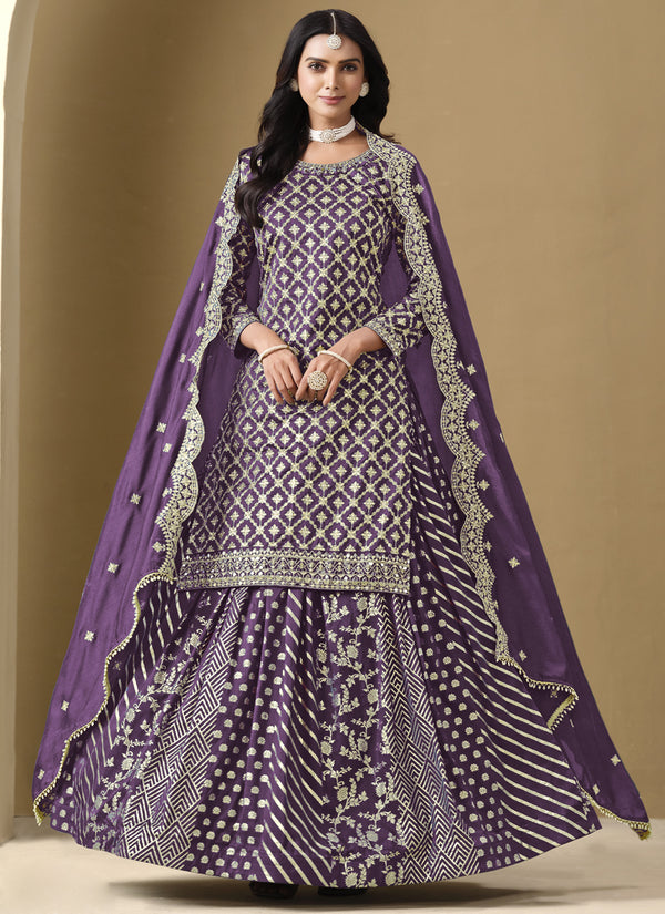 Vegaa Fashion Purple Art Silk Embroidered Lehenga Style Suit