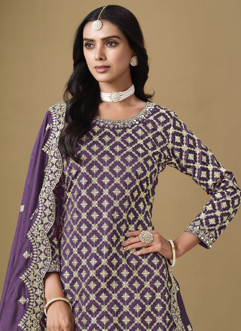Vegaa Fashion Purple Art Silk Embroidered Lehenga Style Suit