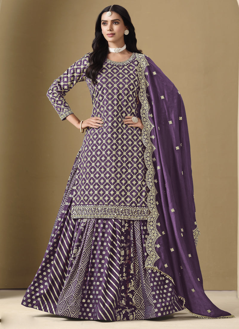 Vegaa Fashion Purple Art Silk Embroidered Lehenga Style Suit