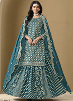 Thumbnail for Vegaa Fashion Turquoise Art Silk Embroidered Lehenga Style Suit