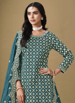 Thumbnail for Vegaa Fashion Turquoise Art Silk Embroidered Lehenga Style Suit