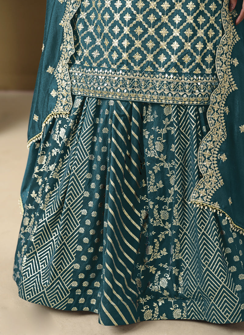 Vegaa Fashion Turquoise Art Silk Embroidered Lehenga Style Suit