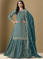 Thumbnail for Vegaa Fashion Turquoise Art Silk Embroidered Lehenga Style Suit