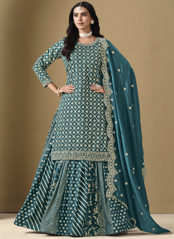 Vegaa Fashion Turquoise Art Silk Embroidered Lehenga Style Suit