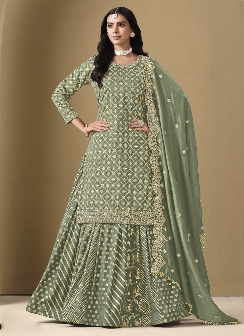Vegaa Fashion Light Green Art Silk Embroidered Lehenga Style Suit