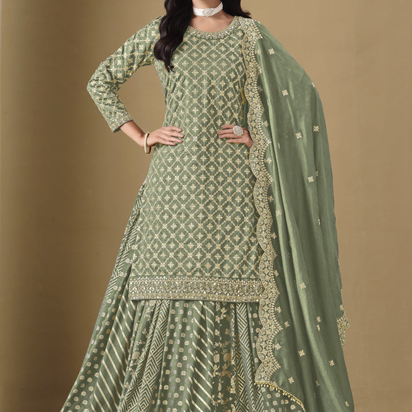 Vegaa Fashion Light Green Art Silk Embroidered Lehenga Style Suit - Distacart