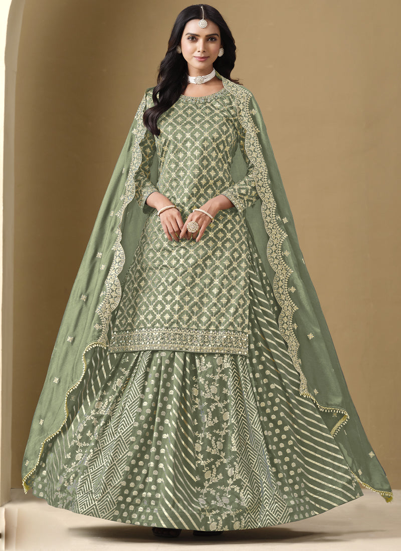 Vegaa Fashion Light Green Art Silk Embroidered Lehenga Style Suit