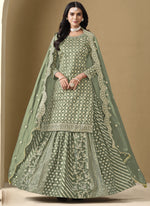 Thumbnail for Vegaa Fashion Light Green Art Silk Embroidered Lehenga Style Suit