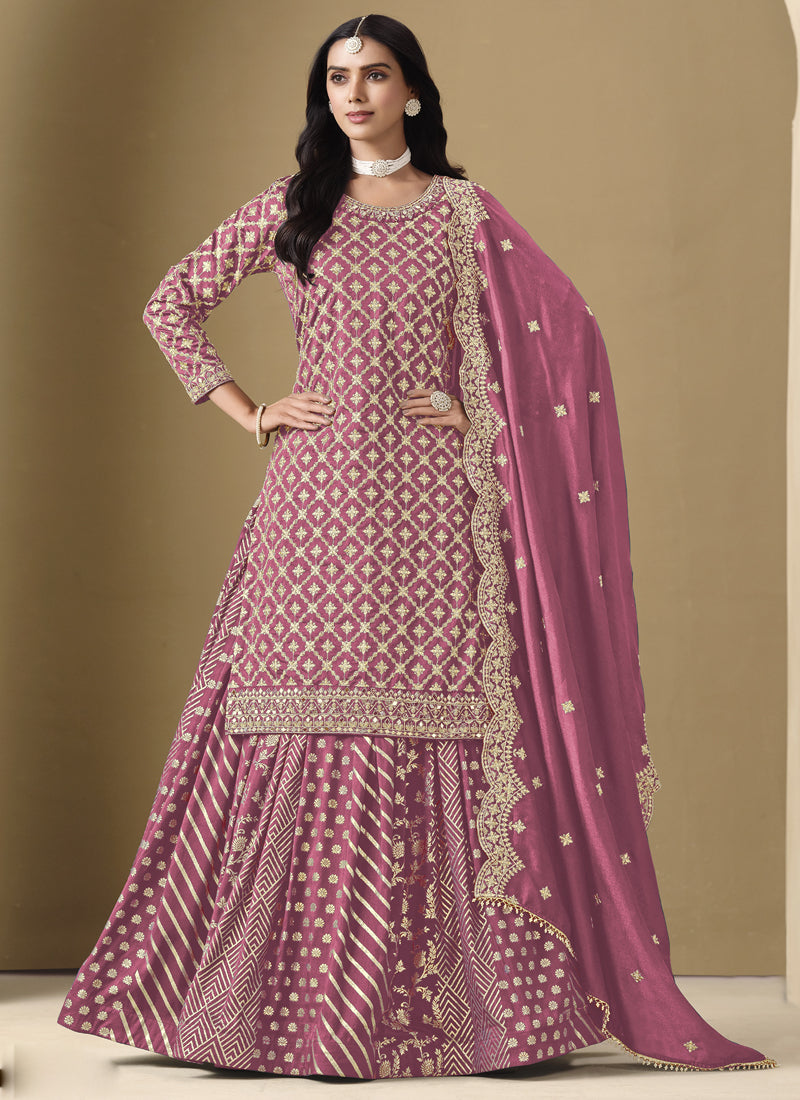 Vegaa Fashion Onion Pink Art Silk Embroidered Lehenga Style Suit