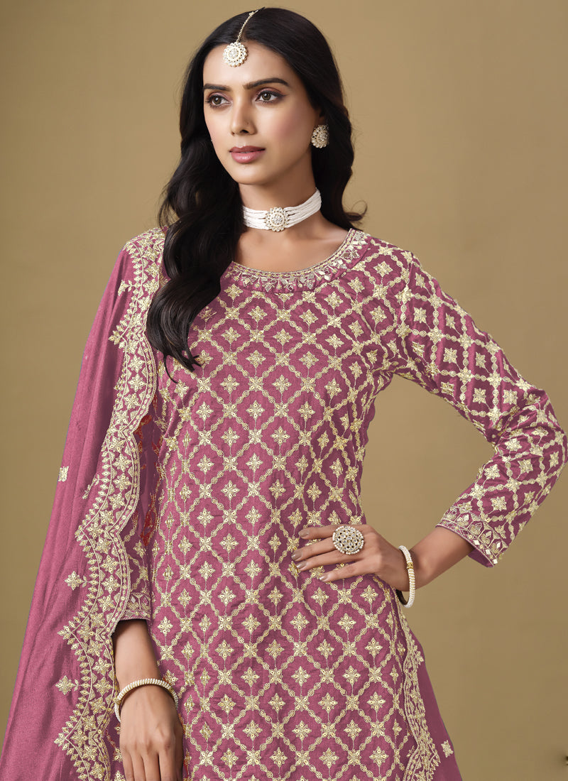 Vegaa Fashion Onion Pink Art Silk Embroidered Lehenga Style Suit