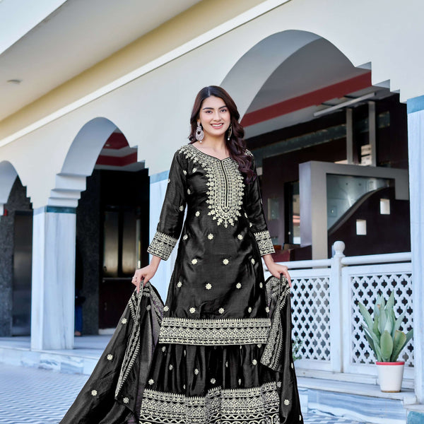 Teeya Creation Black Color Chinon Silk Heavy Embroidery Work Wedding Wear Sharara - Distacart