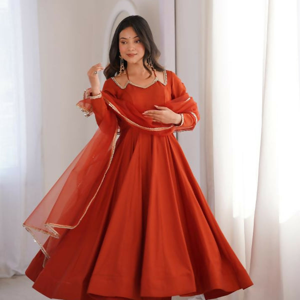 Lehenga Mart Designer Anarkali Suit With Kurta, Pant, Dupatta For Women-Rust - Distacart