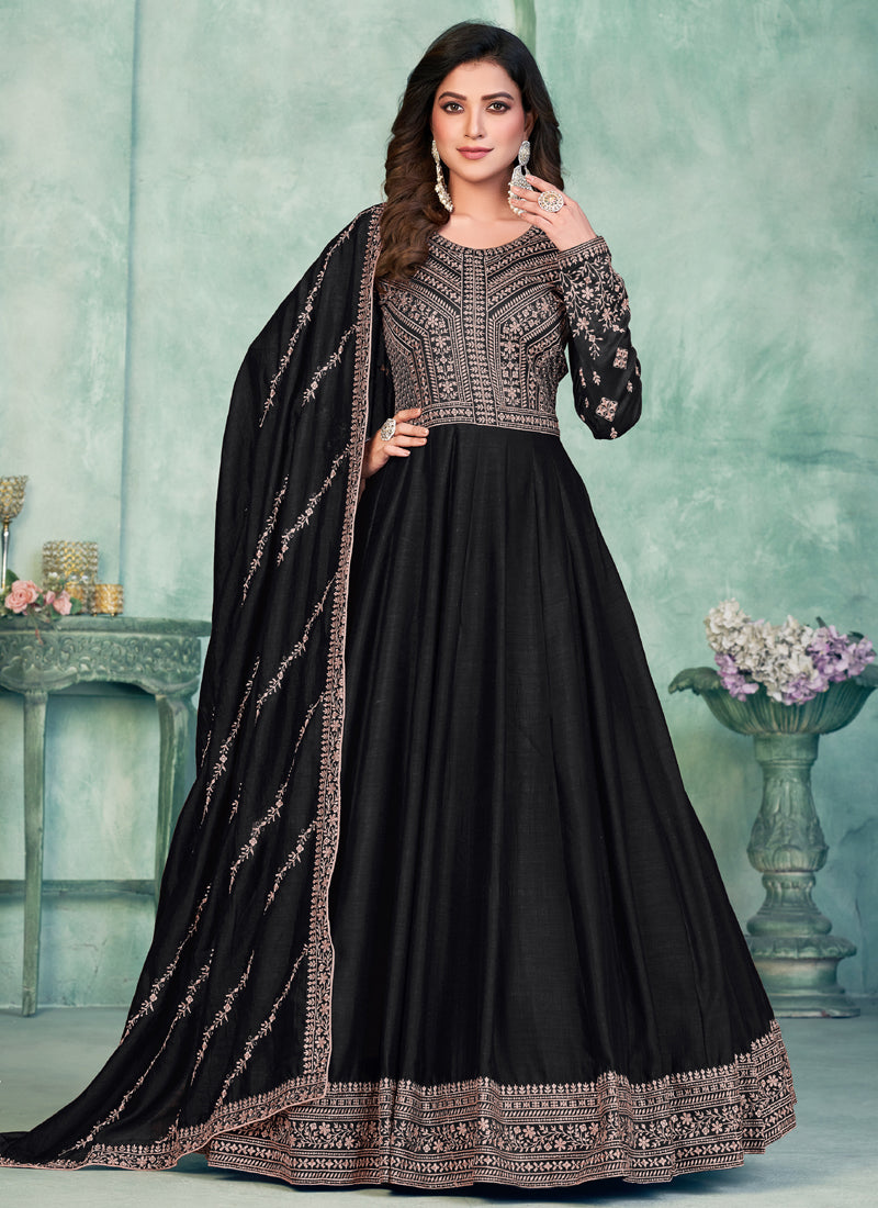 Vegaa Fashion Black Art Silk Embroidered Anarkali Suit
