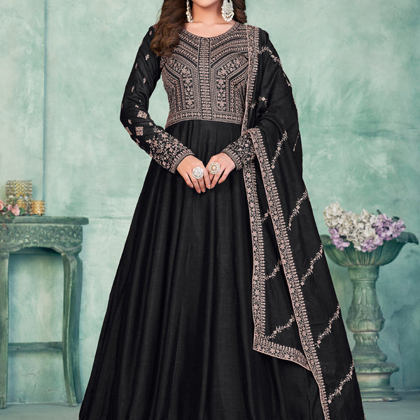 Vegaa Fashion Black Art Silk Embroidered Anarkali Suit - Distacart
