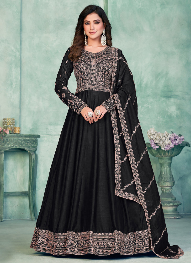 Vegaa Fashion Black Art Silk Embroidered Anarkali Suit - Distacart