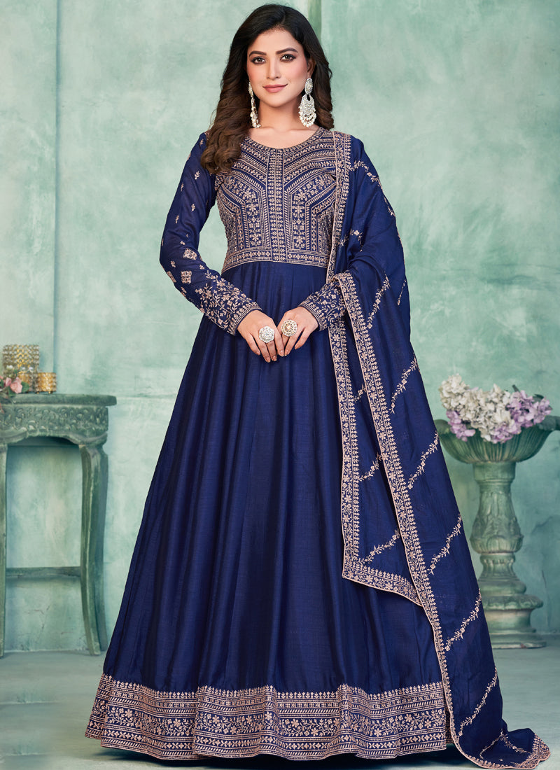 Vegaa Fashion Blue Art Silk Embroidered Anarkali Suit