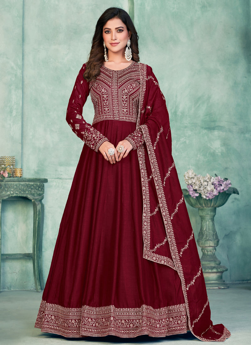 Vegaa Fashion Maroon Art Silk Embroidered Anarkali Suit