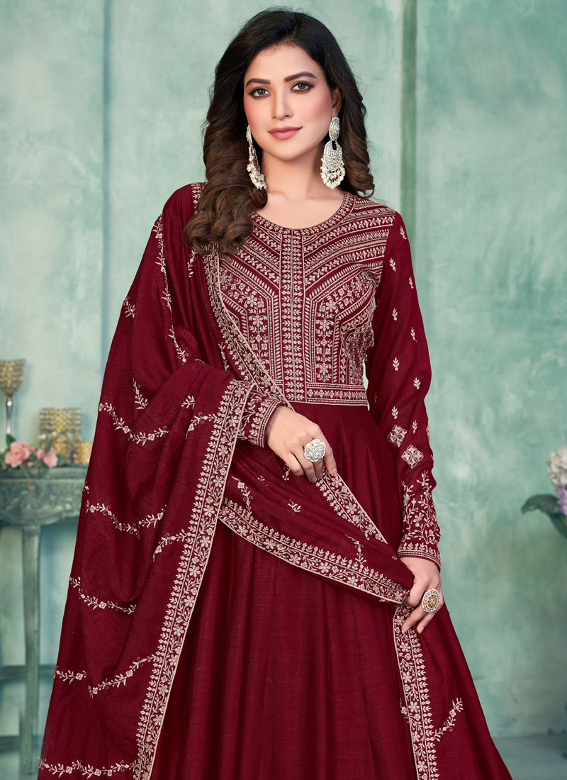 Vegaa Fashion Maroon Art Silk Embroidered Anarkali Suit