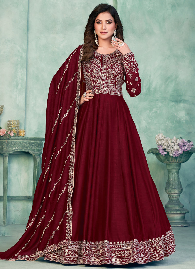 Vegaa Fashion Maroon Art Silk Embroidered Anarkali Suit