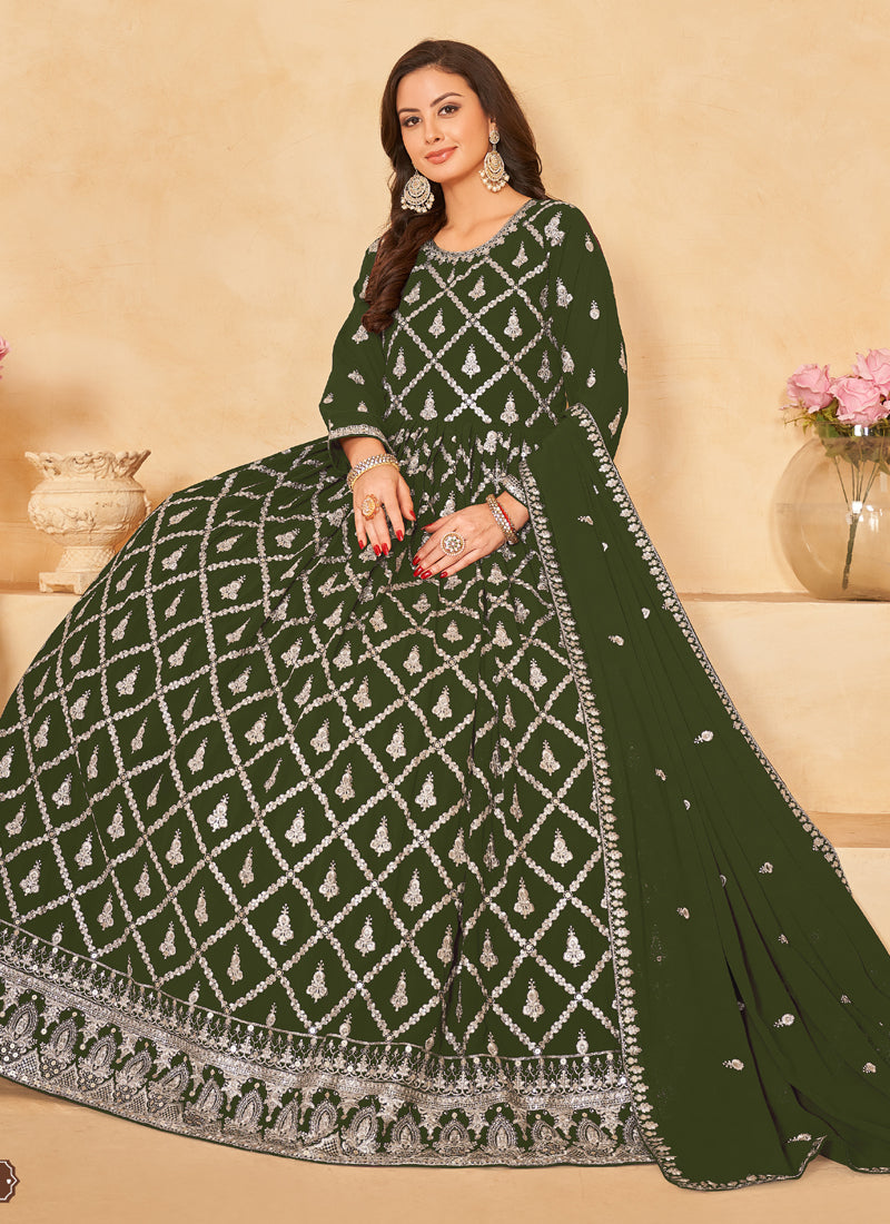 Vegaa Fashion Designer Mahendi Faux Georgette Embroidery Anarkali Suit - Distacart