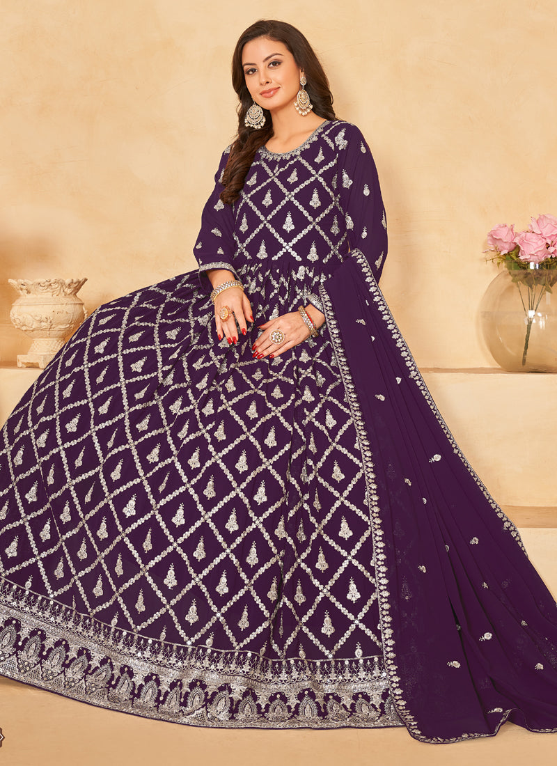 Vegaa Fashion Designer Purple Faux Georgette Embroidery Anarkali Suit - Distacart