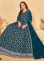 Thumbnail for Vegaa Fashion Designer Aqua Blue Faux Georgette Embroidery Anarkali Suit