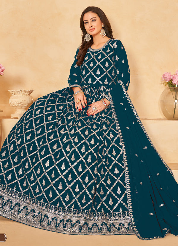 Vegaa Fashion Designer Aqua Blue Faux Georgette Embroidery Anarkali Suit