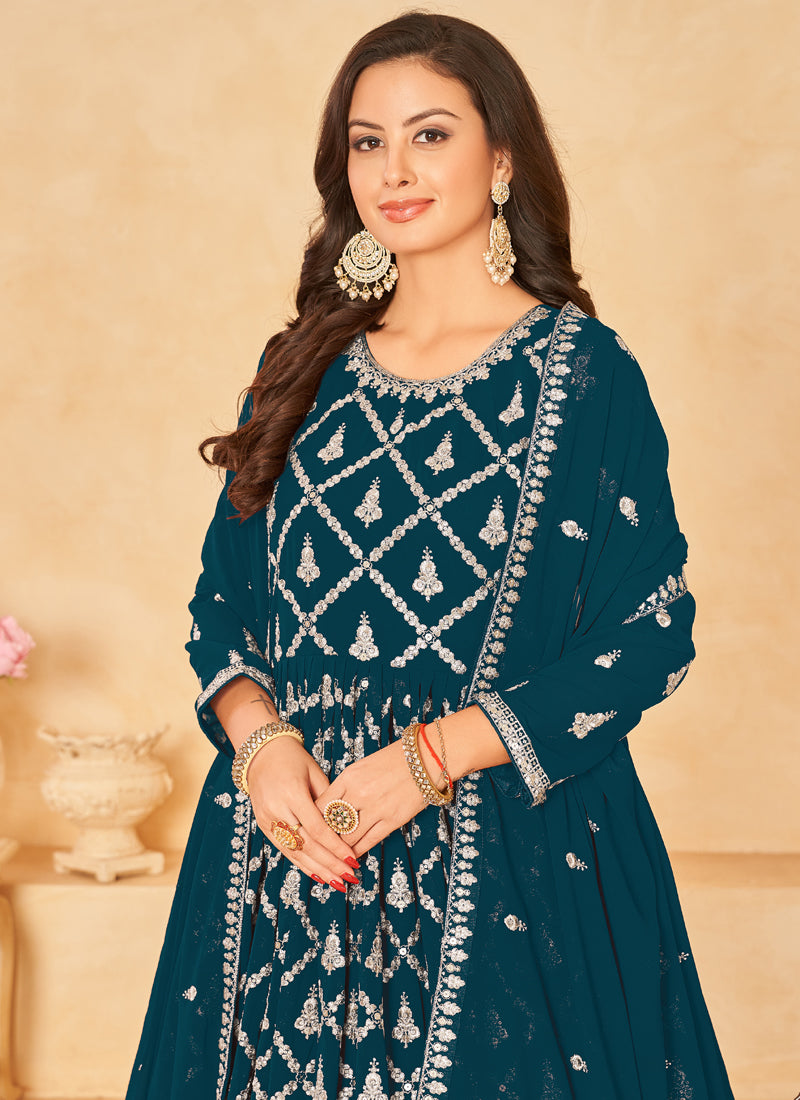 Vegaa Fashion Designer Aqua Blue Faux Georgette Embroidery Anarkali Suit