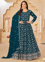 Thumbnail for Vegaa Fashion Designer Aqua Blue Faux Georgette Embroidery Anarkali Suit