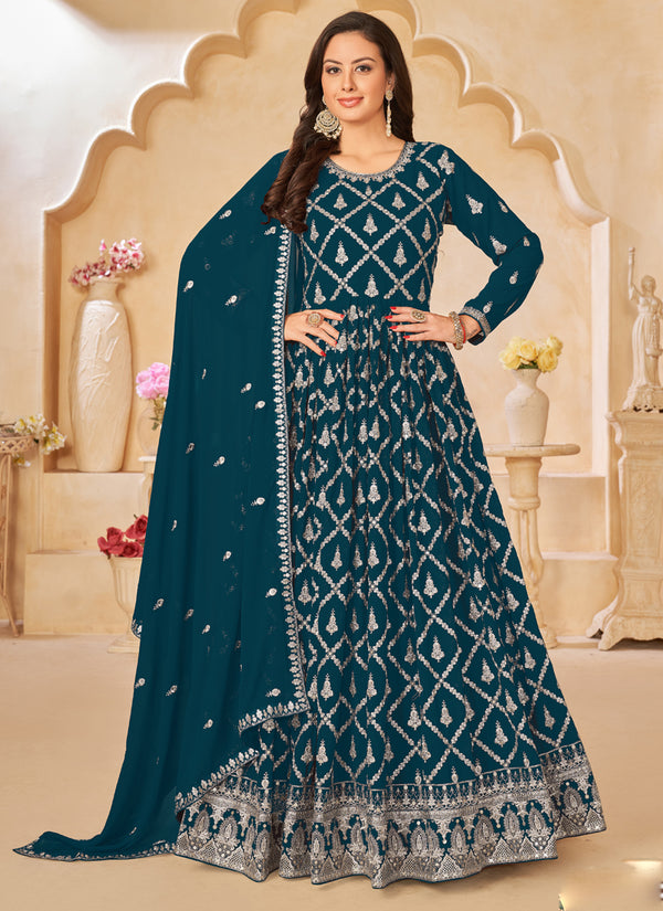 Vegaa Fashion Designer Aqua Blue Faux Georgette Embroidery Anarkali Suit
