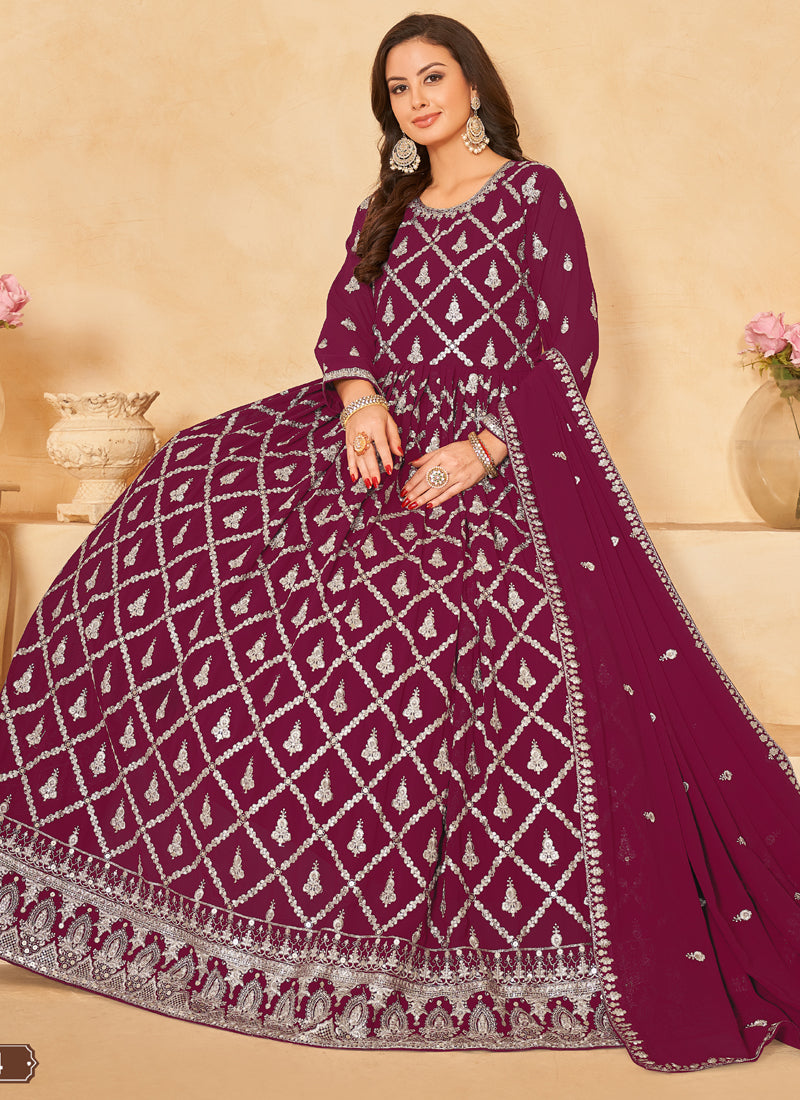 Vegaa Fashion Designer Wine Faux Georgette Embroidery Anarkali Suit - Distacart