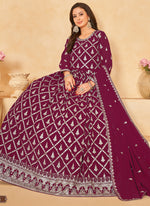 Thumbnail for Vegaa Fashion Designer Wine Faux Georgette Embroidery Anarkali Suit