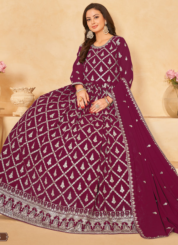 Vegaa Fashion Designer Wine Faux Georgette Embroidery Anarkali Suit