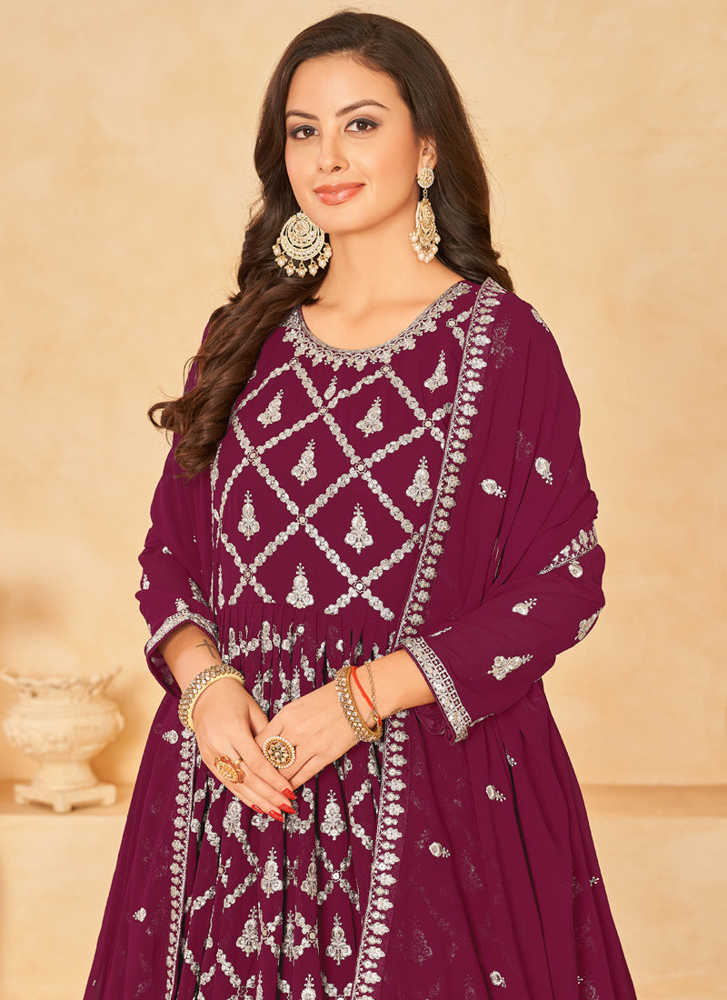 Vegaa Fashion Designer Wine Faux Georgette Embroidery Anarkali Suit
