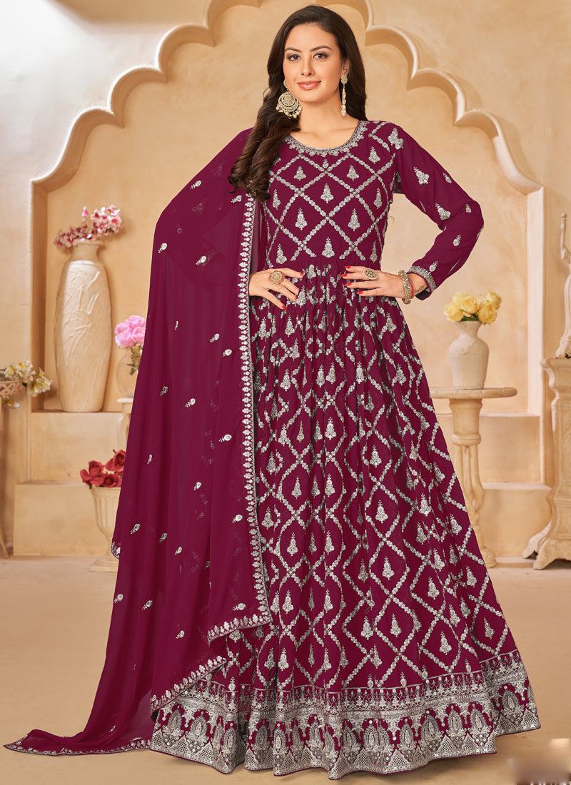 Vegaa Fashion Designer Wine Faux Georgette Embroidery Anarkali Suit - Distacart