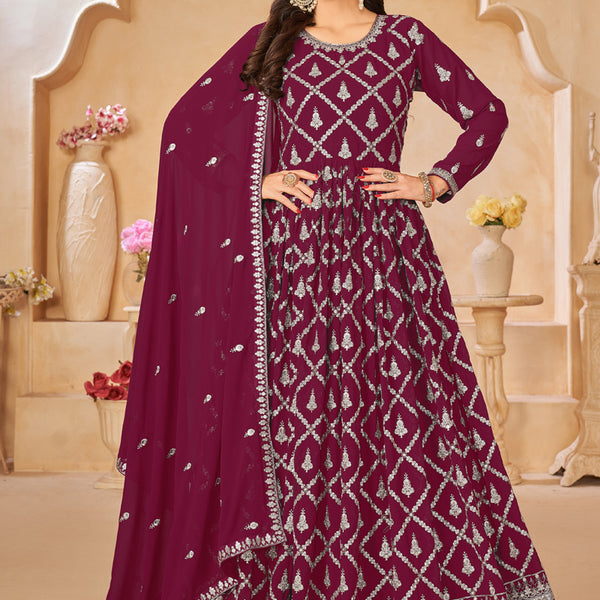 Vegaa Fashion Designer Wine Faux Georgette Embroidery Anarkali Suit - Distacart