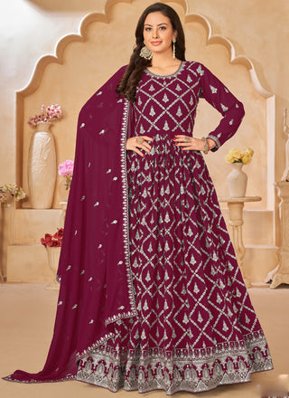 Vegaa Fashion Designer Wine Faux Georgette Embroidery Anarkali Suit